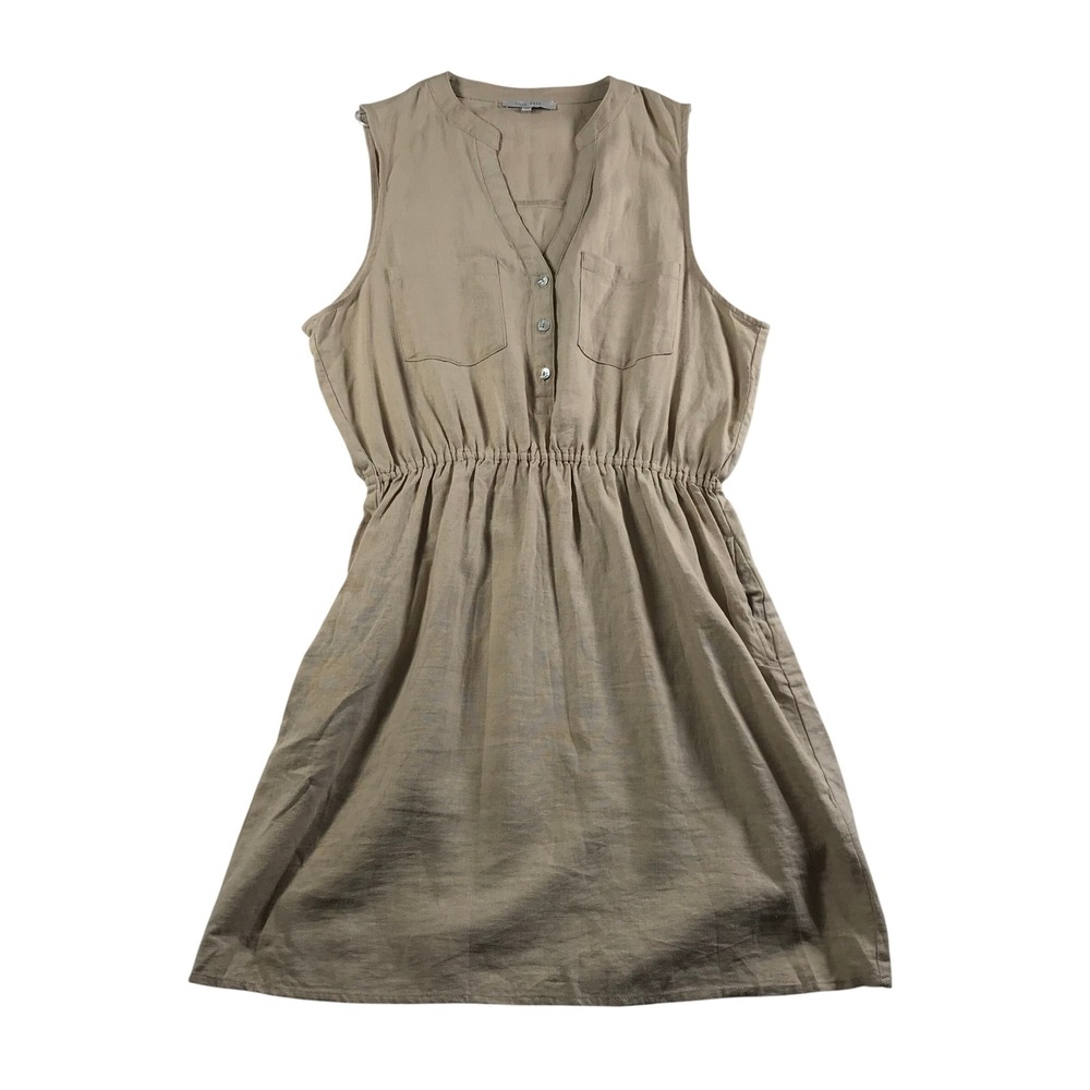 Love Tree Tan Linen Blend Sleeveless Button Front Elastic Waist Dress Large